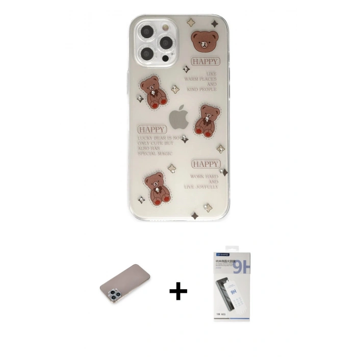 MARSİLYAN™- iPhone 12 Pro Kılıf Eksen Asil Prime - Şeffaf Uv Polymer Nano Ekran Koruyucu + Sierra Blue Shine Kamera Lens Koruma Cam