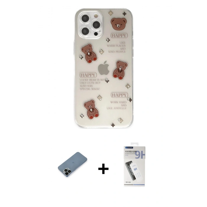 MARSİLYAN™- iPhone 12 Pro Kılıf Eksen Asil Prime - Şeffaf Uv Polymer Nano Ekran Koruyucu + Shine Kamera Lens Koruma Cam - SH