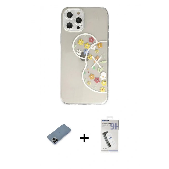 MARSİLYAN™- iPhone 12 Pro Kılıf Eksen Asil Prime - Şeffaf Uv Polymer Nano Ekran Koruyucu + Shine Kamera Lens Koruma Cam - SH