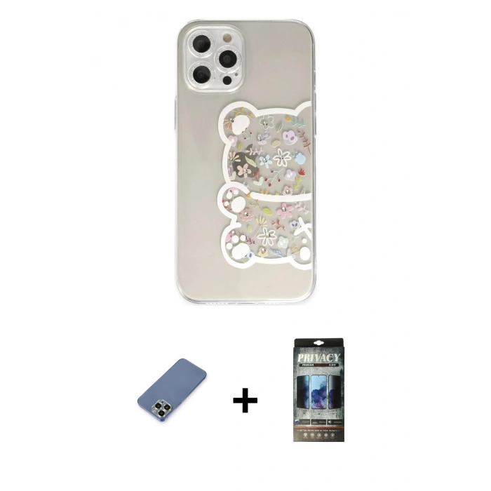 MARSİLYAN™- iPhone 12 Pro Kılıf Eksen Asil Prime - Siyah 34D Hayalet Izgaralı Cam + Metal Kamera Lens Koruma Cam - AKYL