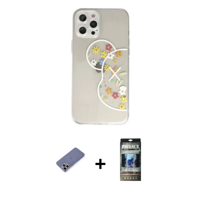 MARSİLYAN™- iPhone 12 Pro Kılıf Eksen Asil Prime - Siyah 34D Hayalet Izgaralı Cam + Metal Kamera Lens Koruma Cam - GD
