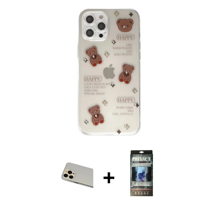 MARSİLYAN™- iPhone 12 Pro Kılıf Eksen Asil Prime - Siyah 34D Hayalet Izgaralı Cam + Rainbow Kamera Lens Koruma Cam - GD