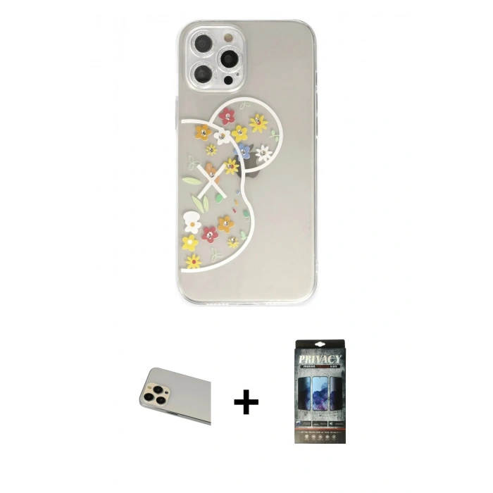 MARSİLYAN™- iPhone 12 Pro Kılıf Eksen Asil Prime - Siyah 34D Hayalet Izgaralı Cam + Rainbow Kamera Lens Koruma Cam - GD