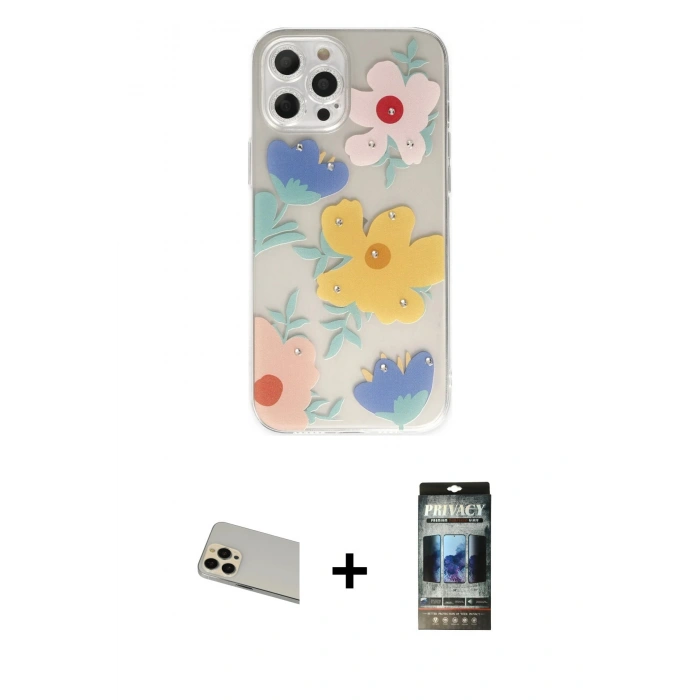 MARSİLYAN™- iPhone 12 Pro Kılıf Eksen Asil Prime - Siyah 34D Hayalet Izgaralı Cam + Rainbow Kamera Lens Koruma Cam - GD