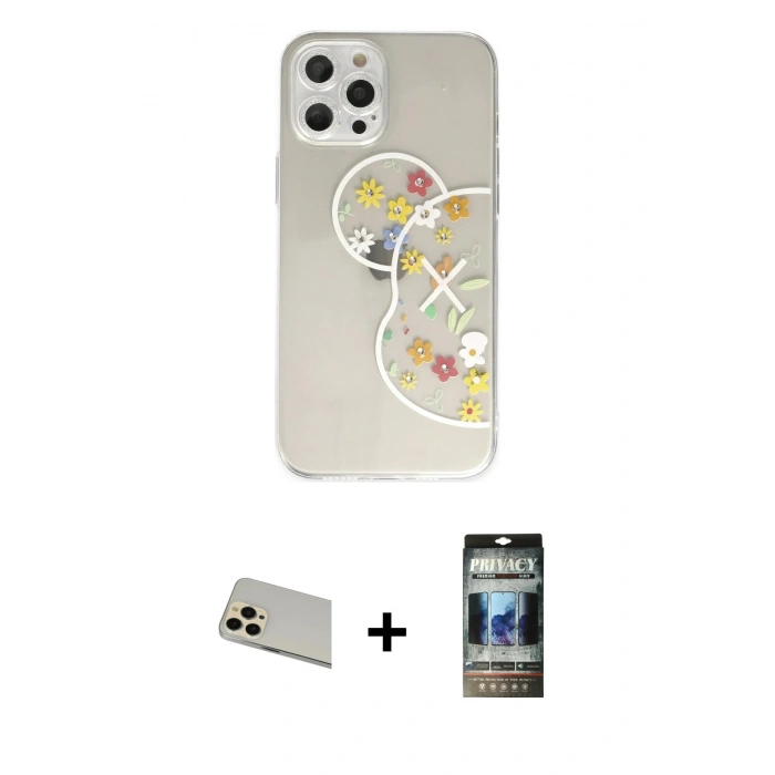 MARSİLYAN™- iPhone 12 Pro Kılıf Eksen Asil Prime - Siyah 34D Hayalet Izgaralı Cam + Rainbow Kamera Lens Koruma Cam - GD
