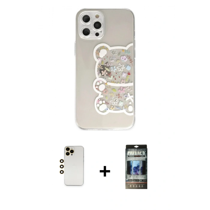 MARSİLYAN™- iPhone 12 Pro Kılıf Eksen Asil Prime - Siyah 34D Hayalet Izgaralı Cam + Shine Kamera Lens - GD