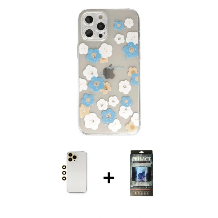 MARSİLYAN™- iPhone 12 Pro Kılıf Eksen Asil Prime - Siyah 34D Hayalet Izgaralı Cam + Shine Kamera Lens - GD