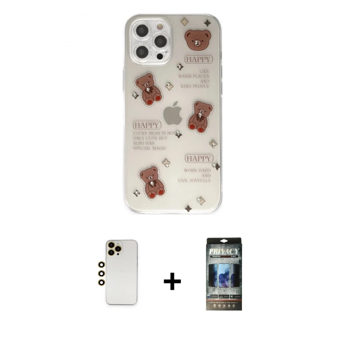MARSİLYAN™- iPhone 12 Pro Kılıf Eksen Asil Prime - Siyah 34D Hayalet Izgaralı Cam + Shine Kamera Lens - GD
