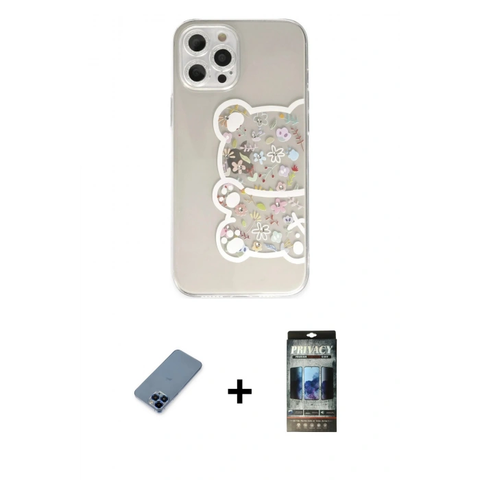 MARSİLYAN™- iPhone 12 Pro Kılıf Eksen Asil Prime - Siyah 34D Hayalet Izgaralı Cam + Metal Kamera Lens Koruma Cam - MI