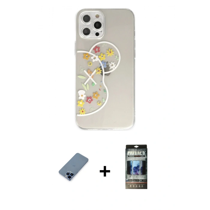 MARSİLYAN™- iPhone 12 Pro Kılıf Eksen Asil Prime - Siyah 34D Hayalet Izgaralı Cam + Metal Kamera Lens Koruma Cam - MI