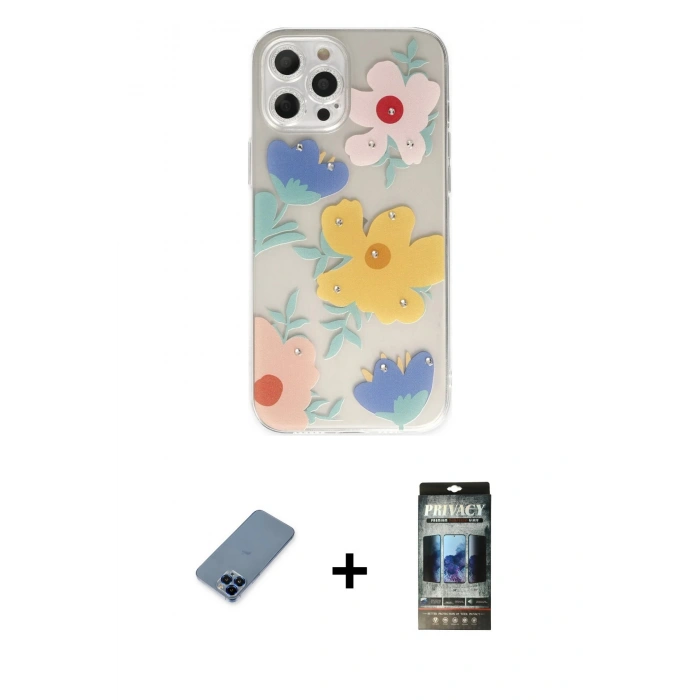 MARSİLYAN™- iPhone 12 Pro Kılıf Eksen Asil Prime - Siyah 34D Hayalet Izgaralı Cam + Metal Kamera Lens Koruma Cam - MI