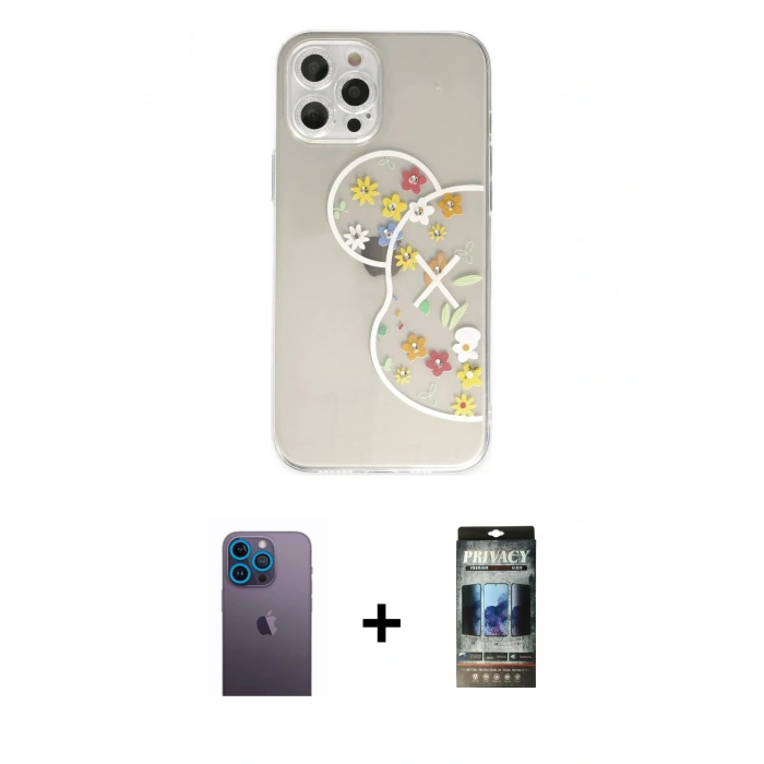 MARSİLYAN™- iPhone 12 Pro Kılıf Eksen Asil Prime - Siyah 34D Hayalet Izgaralı Cam + Neon Fosforlu Kamera Lens - MI