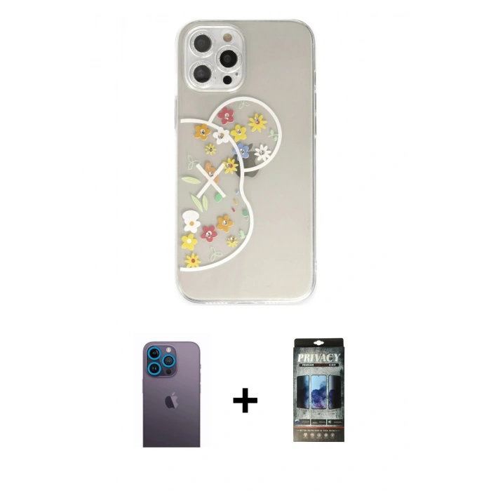 MARSİLYAN™- iPhone 12 Pro Kılıf Eksen Asil Prime - Siyah 34D Hayalet Izgaralı Cam + Neon Fosforlu Kamera Lens - MI