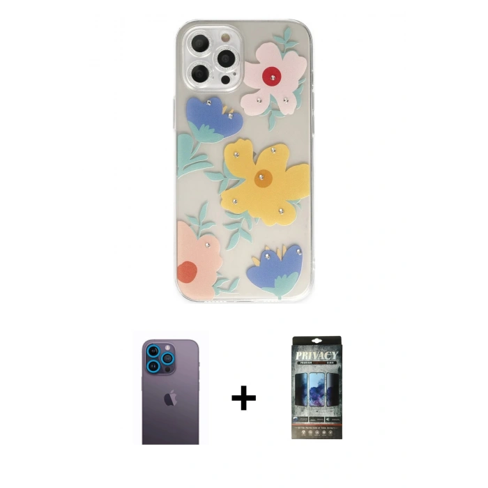 MARSİLYAN™- iPhone 12 Pro Kılıf Eksen Asil Prime - Siyah 34D Hayalet Izgaralı Cam + Neon Fosforlu Kamera Lens - MI