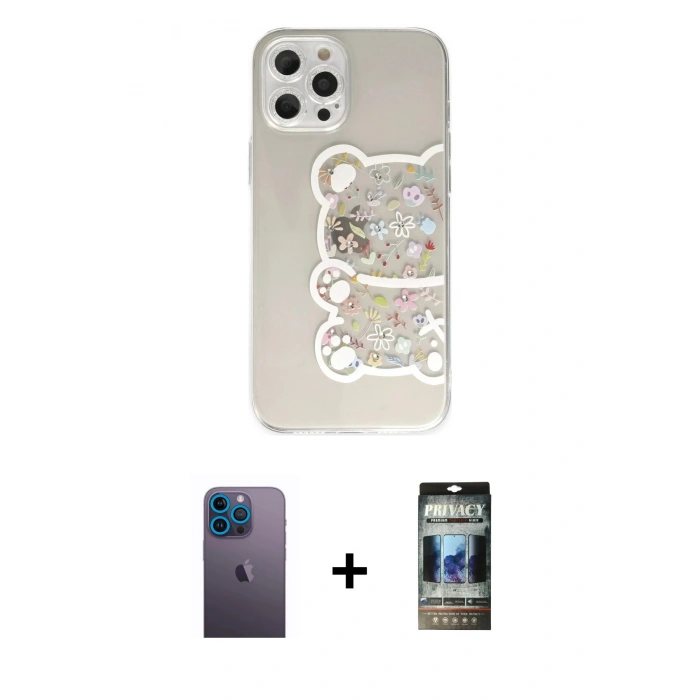 MARSİLYAN™- iPhone 12 Pro Kılıf Eksen Asil Prime - Siyah 34D Hayalet Izgaralı Cam + Neon Fosforlu Kamera Lens - MI