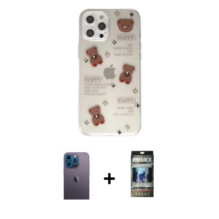 MARSİLYAN™- iPhone 12 Pro Kılıf Eksen Asil Prime - Siyah 34D Hayalet Izgaralı Cam + Neon Fosforlu Kamera Lens - MI