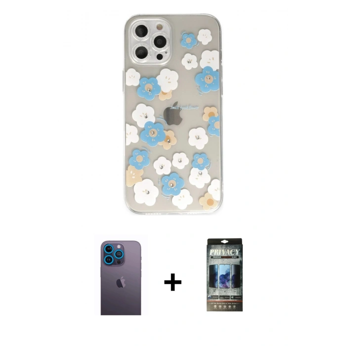 MARSİLYAN™- iPhone 12 Pro Kılıf Eksen Asil Prime - Siyah 34D Hayalet Izgaralı Cam + Neon Fosforlu Kamera Lens - MI