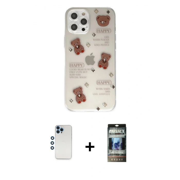 MARSİLYAN™- iPhone 12 Pro Kılıf Eksen Asil Prime - Siyah 34D Hayalet Izgaralı Cam + Mavi Shine Kamera Lens