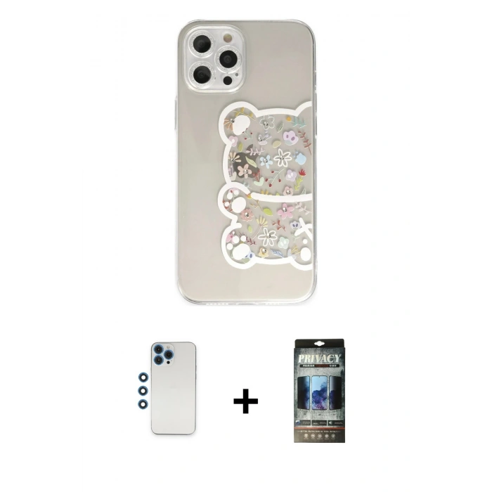 MARSİLYAN™- iPhone 12 Pro Kılıf Eksen Asil Prime - Siyah 34D Hayalet Izgaralı Cam + Mavi Shine Kamera Lens