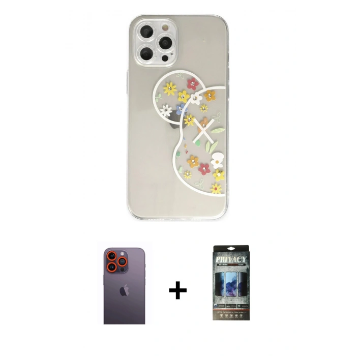 MARSİLYAN™- iPhone 12 Pro Kılıf Eksen Asil Prime - Siyah 34D Hayalet Izgaralı Cam + Neon Fosforlu Kamera Lens - TU