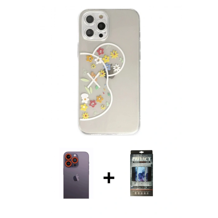 MARSİLYAN™- iPhone 12 Pro Kılıf Eksen Asil Prime - Siyah 34D Hayalet Izgaralı Cam + Neon Fosforlu Kamera Lens - TU