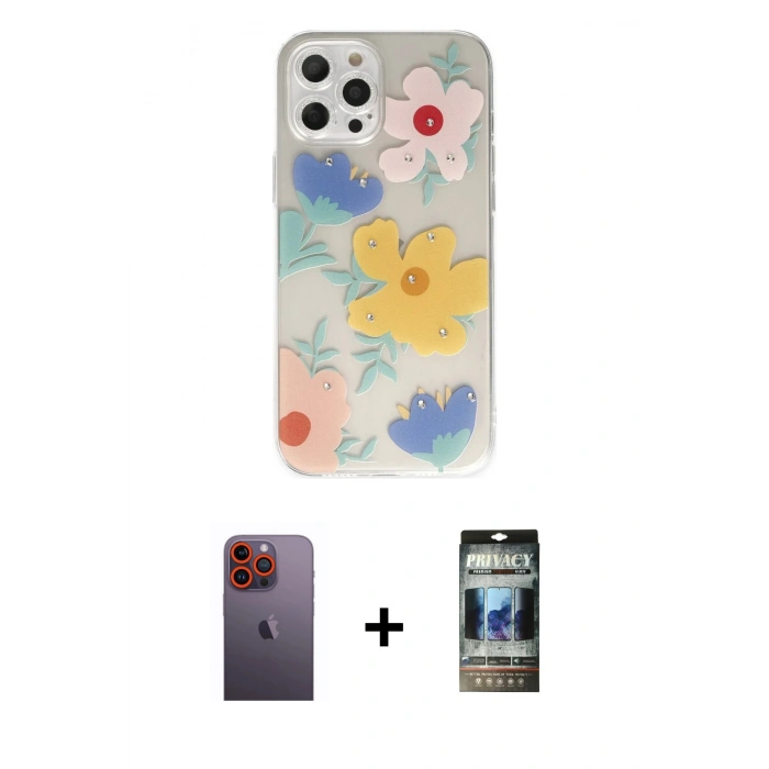 MARSİLYAN™- iPhone 12 Pro Kılıf Eksen Asil Prime - Siyah 34D Hayalet Izgaralı Cam + Neon Fosforlu Kamera Lens - TU