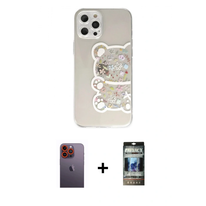 MARSİLYAN™- iPhone 12 Pro Kılıf Eksen Asil Prime - Siyah 34D Hayalet Izgaralı Cam + Neon Fosforlu Kamera Lens - TU