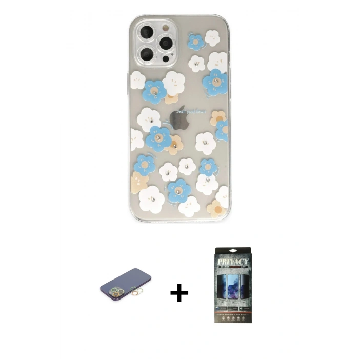 MARSİLYAN™- iPhone 12 Pro Kılıf Eksen Asil Prime - Siyah 34D Hayalet Izgaralı Cam + Sarı Renkli Kamera Lens Koruma Cam