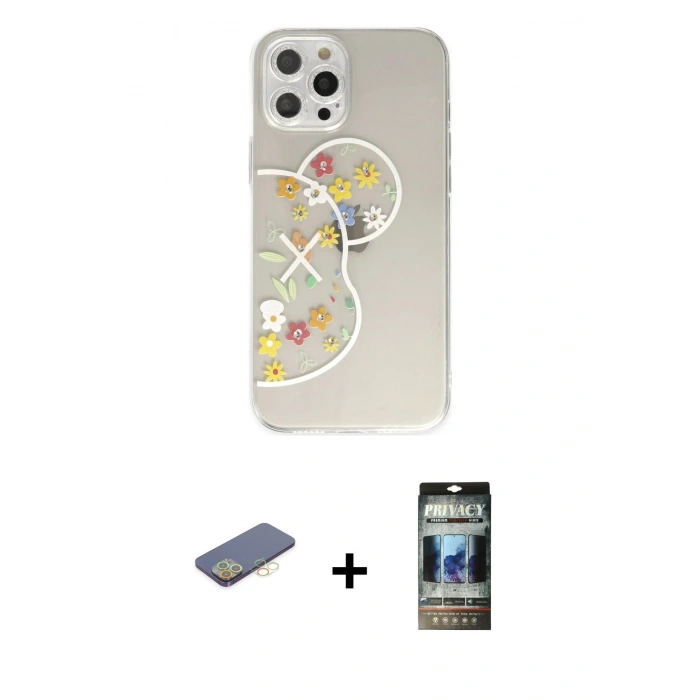 MARSİLYAN™- iPhone 12 Pro Kılıf Eksen Asil Prime - Siyah 34D Hayalet Izgaralı Cam + Sarı Renkli Kamera Lens Koruma Cam