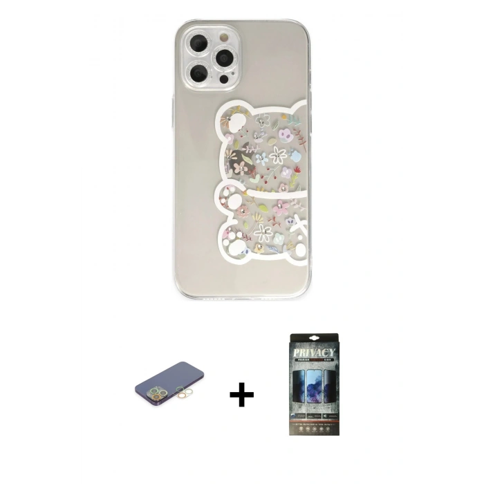 MARSİLYAN™- iPhone 12 Pro Kılıf Eksen Asil Prime - Siyah 34D Hayalet Izgaralı Cam + Sarı Renkli Kamera Lens Koruma Cam