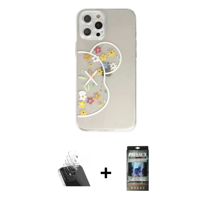 MARSİLYAN™- iPhone 12 Pro Kılıf Eksen Asil Prime - Siyah 34D Hayalet Izgaralı Cam + Kamera Lens Koruma Cam - SF