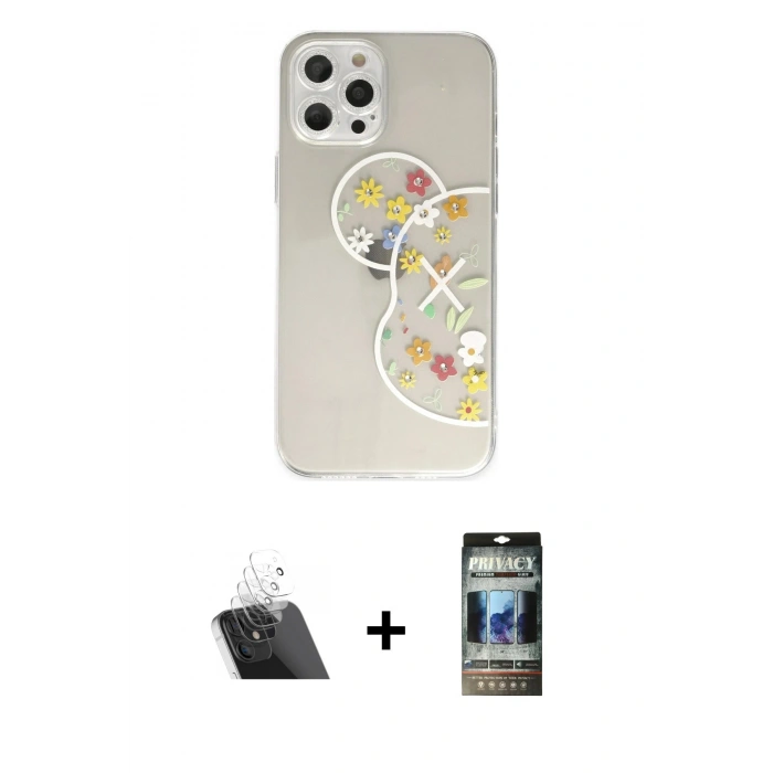 MARSİLYAN™- iPhone 12 Pro Kılıf Eksen Asil Prime - Siyah 34D Hayalet Izgaralı Cam + Kamera Lens Koruma Cam - SF