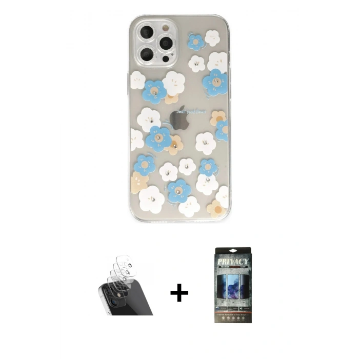 MARSİLYAN™- iPhone 12 Pro Kılıf Eksen Asil Prime - Siyah 34D Hayalet Izgaralı Cam + Kamera Lens Koruma Cam - SF