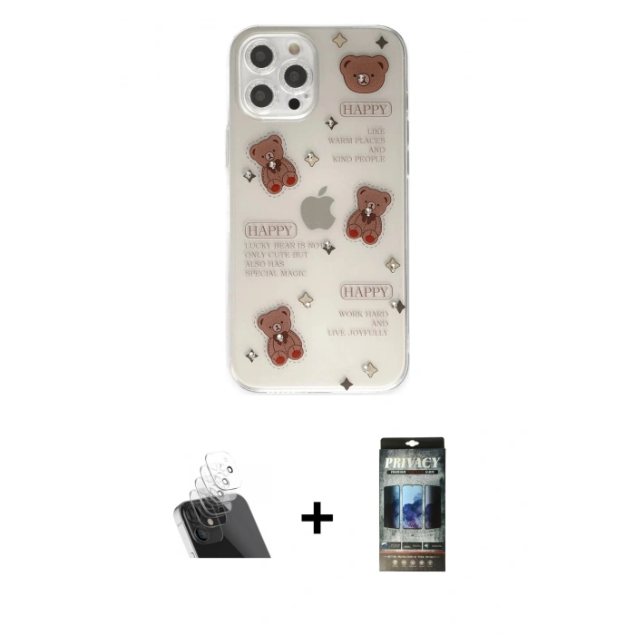 MARSİLYAN™- iPhone 12 Pro Kılıf Eksen Asil Prime - Siyah 34D Hayalet Izgaralı Cam + Kamera Lens Koruma Cam - SF