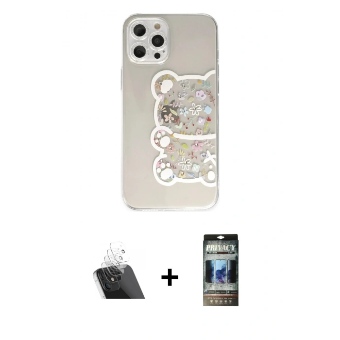 MARSİLYAN™- iPhone 12 Pro Kılıf Eksen Asil Prime - Siyah 34D Hayalet Izgaralı Cam + Kamera Lens Koruma Cam - SF