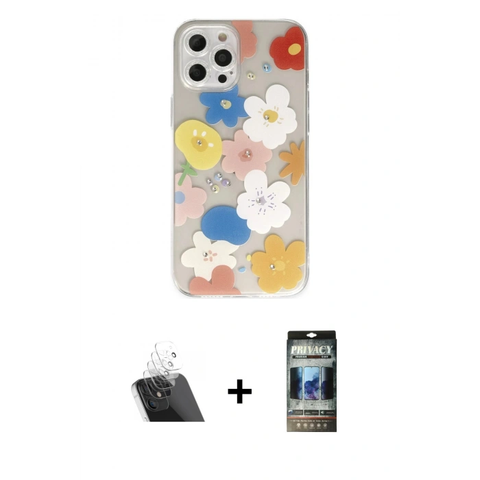 MARSİLYAN™- iPhone 12 Pro Kılıf Eksen Asil Prime - Siyah 34D Hayalet Izgaralı Cam + Kamera Lens Koruma Cam - SF