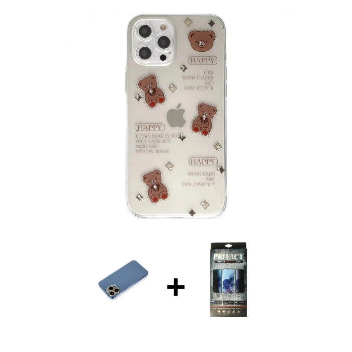MARSİLYAN™- iPhone 12 Pro Kılıf Eksen Asil Prime - Siyah 34D Hayalet Izgaralı Cam + Shine Kamera Lens Koruma Cam - GD