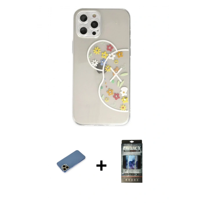 MARSİLYAN™- iPhone 12 Pro Kılıf Eksen Asil Prime - Siyah 34D Hayalet Izgaralı Cam + Shine Kamera Lens Koruma Cam - GD