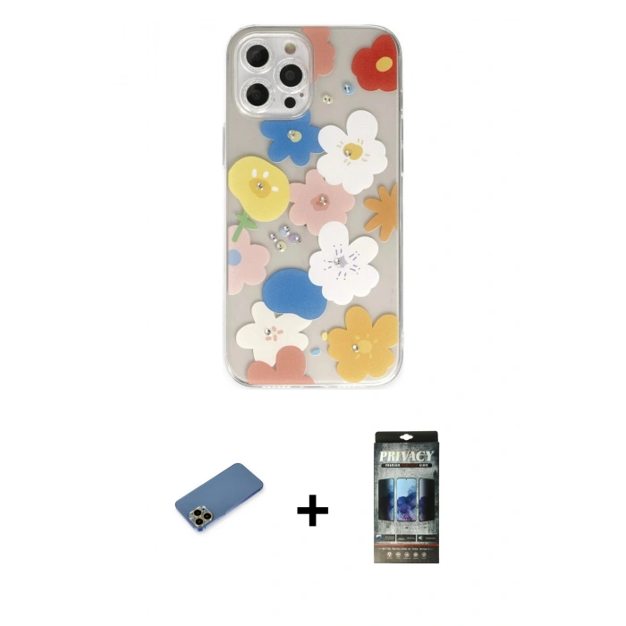 MARSİLYAN™- iPhone 12 Pro Kılıf Eksen Asil Prime - Siyah 34D Hayalet Izgaralı Cam + Shine Kamera Lens Koruma Cam - GD