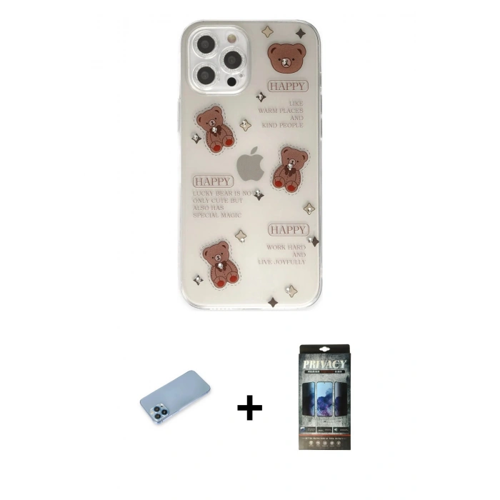 MARSİLYAN™- iPhone 12 Pro Kılıf Eksen Asil Prime - Siyah 34D Hayalet Izgaralı Cam + Shine Kamera Lens Koruma Cam - MI