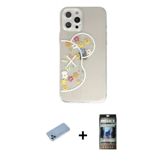 MARSİLYAN™- iPhone 12 Pro Kılıf Eksen Asil Prime - Siyah 34D Hayalet Izgaralı Cam + Shine Kamera Lens Koruma Cam - MI