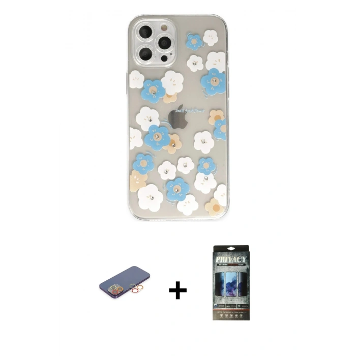 MARSİLYAN™- iPhone 12 Pro Kılıf Eksen Asil Prime - Siyah 34D Hayalet Izgaralı Cam + Turuncu Renkli Kamera Lens Koruma Cam