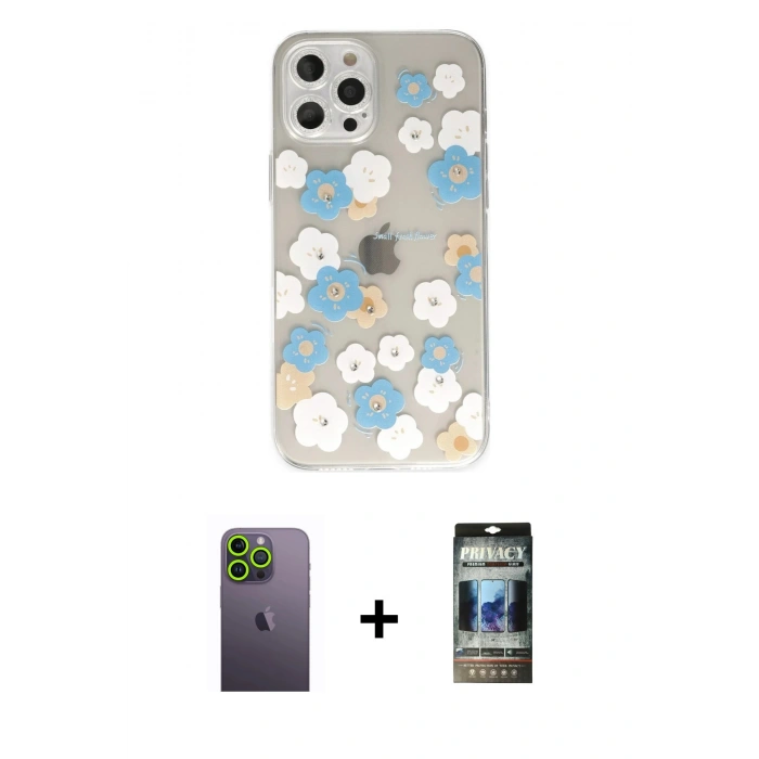 MARSİLYAN™- iPhone 12 Pro Kılıf Eksen Asil Prime - Siyah 34D Hayalet Izgaralı Cam + Neon Fosforlu Kamera Lens - YL
