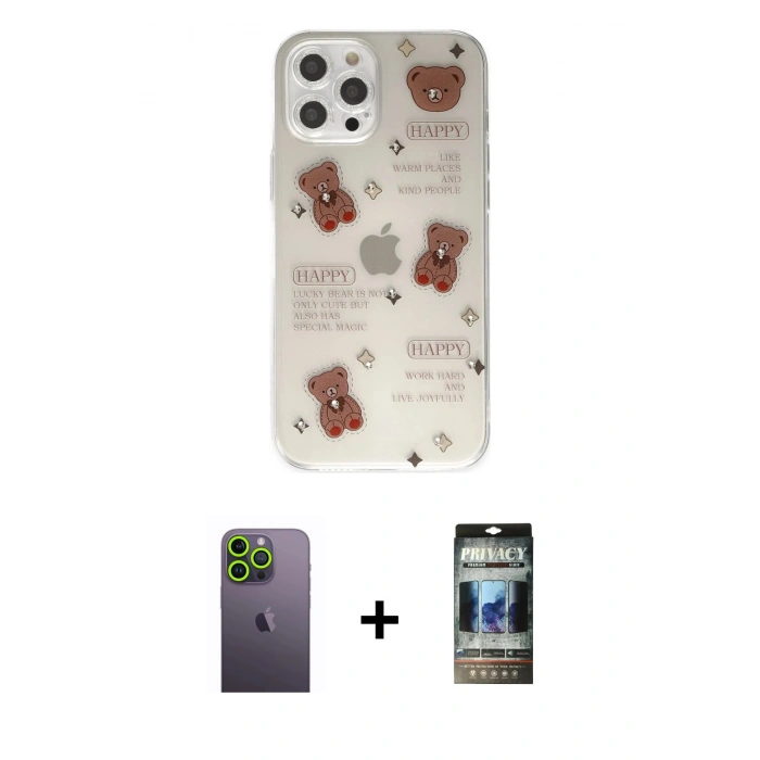 MARSİLYAN™- iPhone 12 Pro Kılıf Eksen Asil Prime - Siyah 34D Hayalet Izgaralı Cam + Neon Fosforlu Kamera Lens - YL