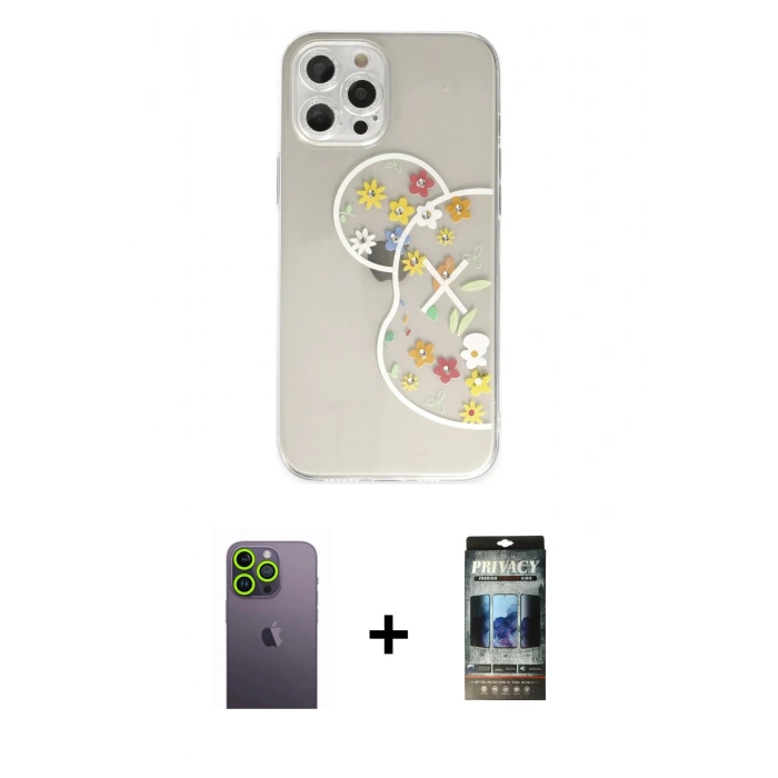MARSİLYAN™- iPhone 12 Pro Kılıf Eksen Asil Prime - Siyah 34D Hayalet Izgaralı Cam + Neon Fosforlu Kamera Lens - YL