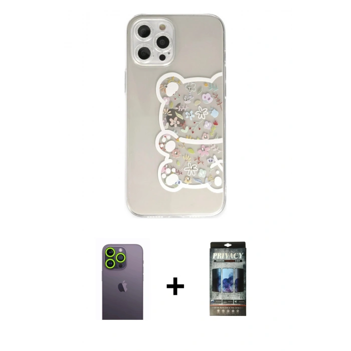 MARSİLYAN™- iPhone 12 Pro Kılıf Eksen Asil Prime - Siyah 34D Hayalet Izgaralı Cam + Neon Fosforlu Kamera Lens - YL