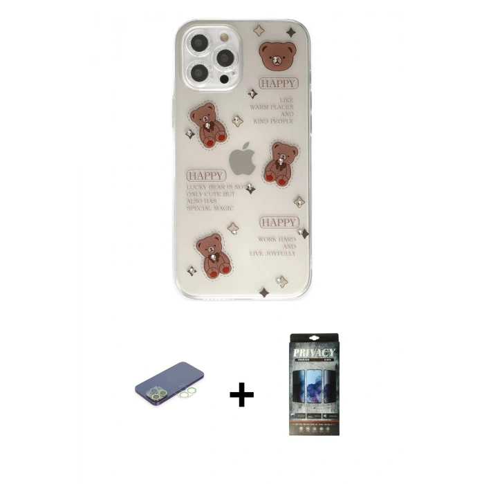 MARSİLYAN™- iPhone 12 Pro Kılıf Eksen Asil Prime - Siyah 34D Hayalet Izgaralı Cam + Renkli Kamera Lens Koruma Cam - YL