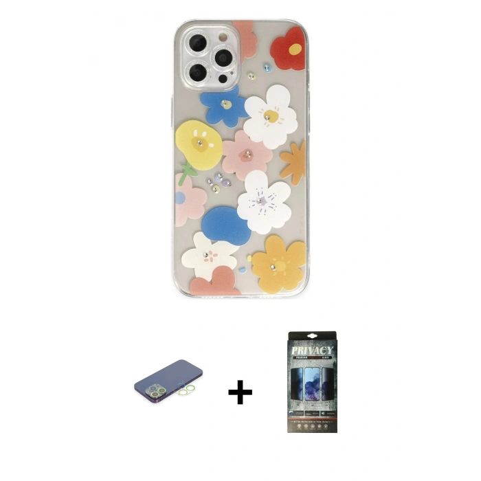 MARSİLYAN™- iPhone 12 Pro Kılıf Eksen Asil Prime - Siyah 34D Hayalet Izgaralı Cam + Renkli Kamera Lens Koruma Cam - YL