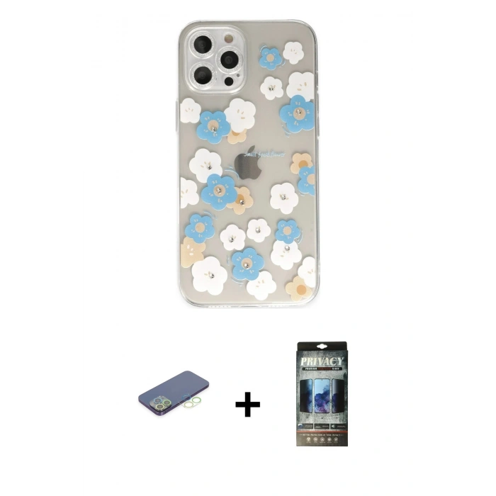 MARSİLYAN™- iPhone 12 Pro Kılıf Eksen Asil Prime - Siyah 34D Hayalet Izgaralı Cam + Renkli Kamera Lens Koruma Cam - YL