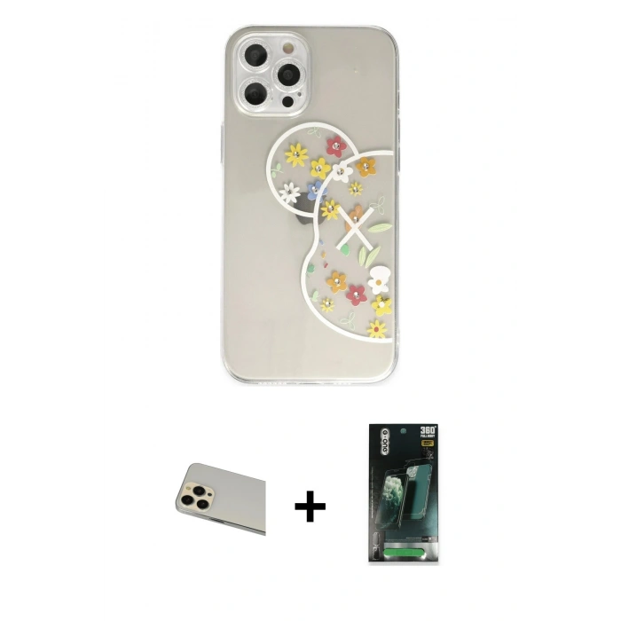 MARSİLYAN™- iPhone 12 Pro Kılıf Eksen Asil Prime - Siyah 360 Mat Full Body Arka Koruyucu + Rainbow Kamera Lens Koruma Cam - GD